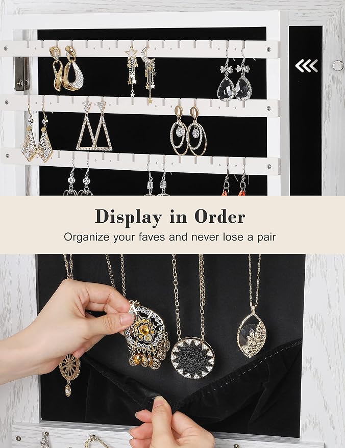360° Swivel Jewelry Cabinet with Lights, Touch Screen Vanity Mirror, Rotatable Full Length Mirror with Jewelry Storage, Standing Jewelry Armoire Organizer, Foldable Makeup Shelf, White with Grain