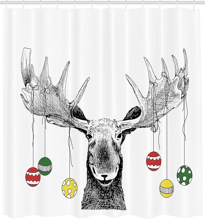 Ambesonne Christmas Shower Curtain, Christmas Moose with Xmas Ornaments Balls Hanging from Horns Funny Noel Sketch Art, Cloth Fabric Bathroom Decor Set with Hooks, 69" W x 75" L, Multicolor Black