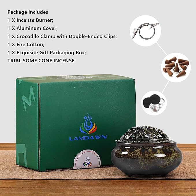 Incense Burner with Calabash Incense Stick Holder - Porcelain Charcoal Censer for Use with Resin Granular Powder Cone or Coil Incense (Fambe Green)