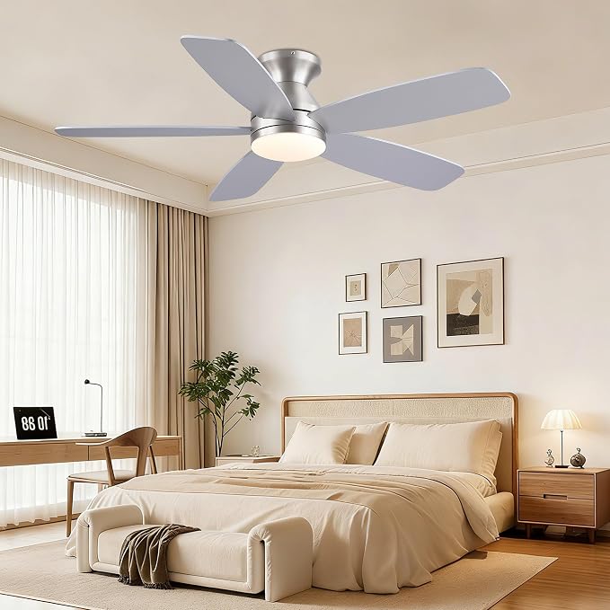 JSAITEE Flush Mount Low Profile Ceiling Fan, 48in Modern Ceiling Fan with Remote, 1/2/4 Timer, 5 Blades Reversible, 3CCT LED Dimming, Indoor Fan for Bedroom, Kitchen - Nickel