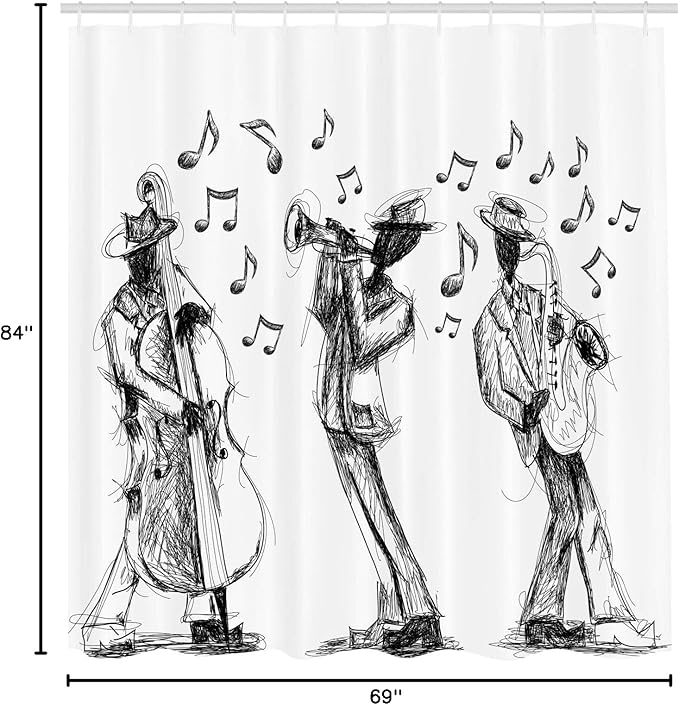 Ambesonne Music Shower Curtain, Sketch Style of a Jazz Band Playing Music with Instruments and Musical Notes Print, Cloth Fabric Bathroom Decor Set with Hooks, 69" W x 84" L, White Charcoal