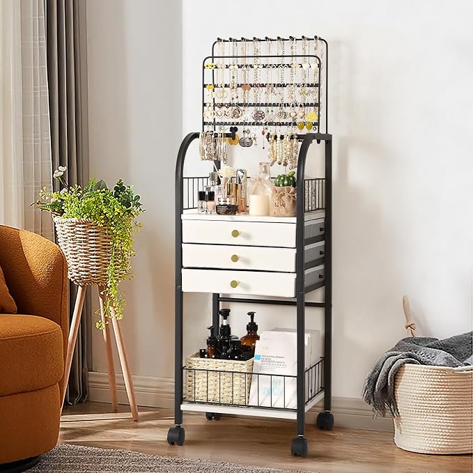 Keebofly Large Floor Jewelry Organizer Stand with 3 Drawers - Black | Mobile Jewelry Tower Holder with Display, Large Capacity Rack for Necklaces & Rings, Perfect Storage Gift for Women