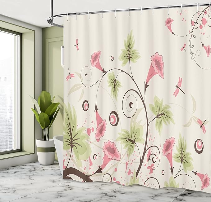 Ambesonne Dragonfly Shower Curtain, Cup Shaped Romantic Swirling Pastel Vibrant Flowers and Mature Dragonflies Print, Cloth Fabric Bathroom Decor Set with Hooks, 69" W x 75" L, Beige Pink