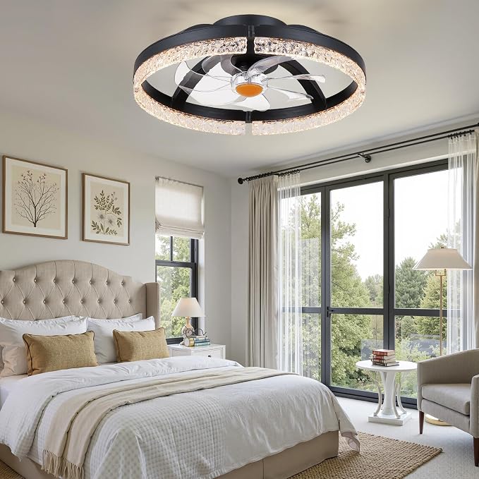 Mpayel 20" Ceiling Fans with Lights and Remote, Modern Low Profile Fandelier Ceiling Fan with Light, Quiet DC Motor, 6 Speeds, 3CCT Dimmable Bladeless Flush Mount LED Fan Light for Bedroom