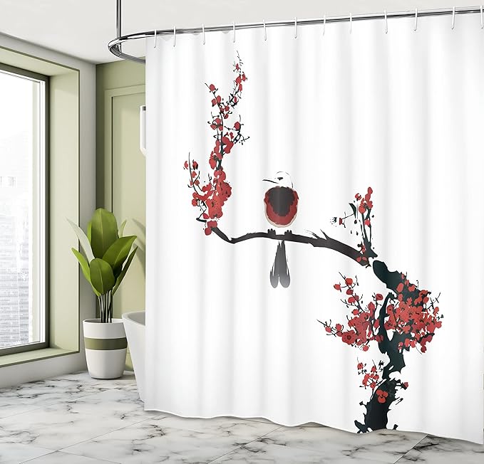 Ambesonne Nature Shower Curtain, Bird on Cherry Tree Summertime Classic Painting Style Illustration Print, Cloth Fabric Bathroom Decor Set with Hooks, 69" W x 84" L, Black Red