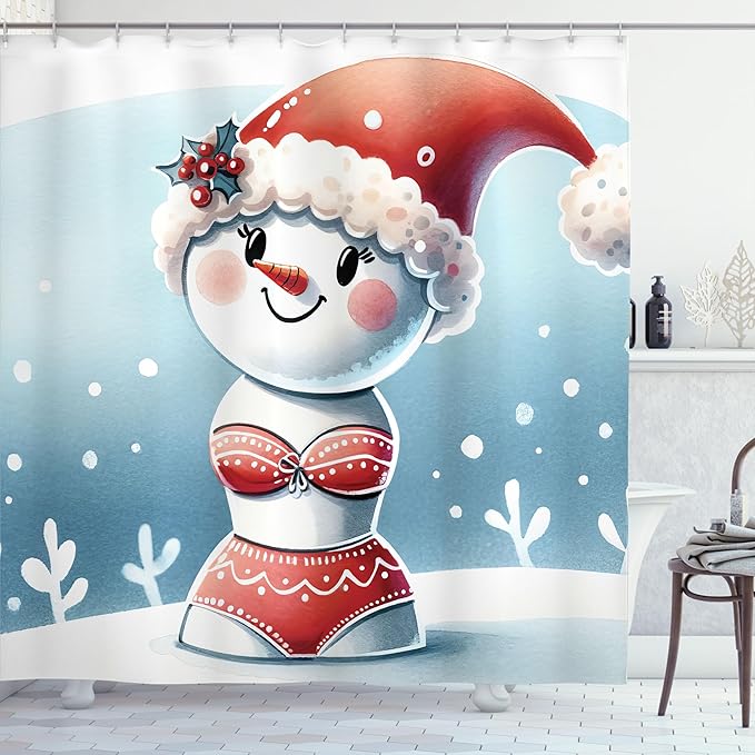 Ambesonne Christmas Shower Curtain, Happy Smiling Snowman in Bikini and Santa Hat Vintage Cartoon Art, Cloth Fabric Bathroom Decor Set with Hooks, 69" W x 84" L, Pale Slate Blue Vermilion