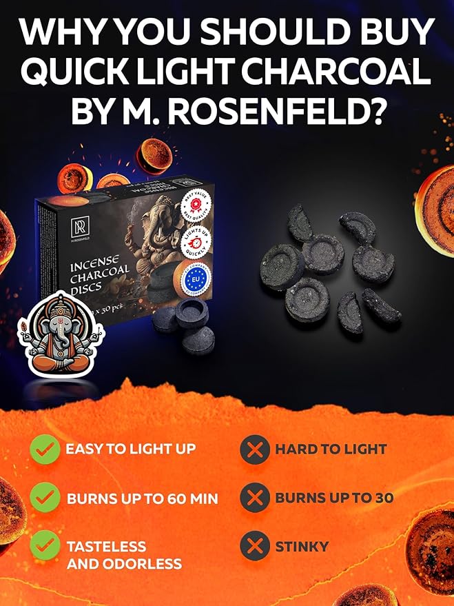 Charcoal Discs to Burn Incense - 30 pcs Charcoal for Incense Burning - 33 mm Most Quick Light Coals Tablets by M. ROSENFELD - 33 mm Resin Burner Rolls – Pack of 30 Instant Fire Coal Tablets