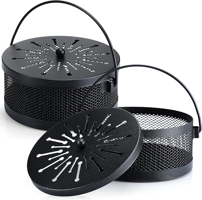 Lallisa 2 Pieces Mosquito Coil Holder Incense Coil Holder Round Retro Portable Metal Hanging Incense Burner Holders with Handle for Home Indoor Outdoor Camping Patio (Black)