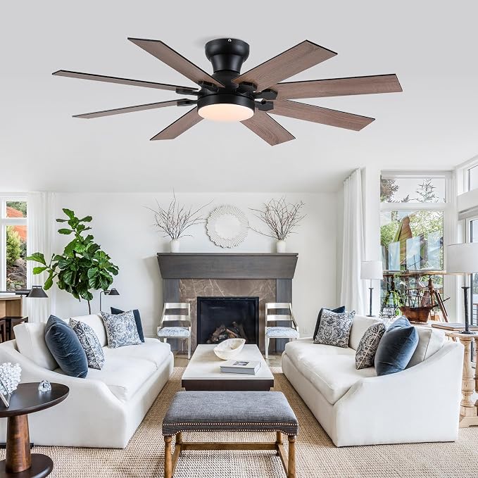 52"8-Blade Black Modern Low Profile Ceiling Fans with Lights and Remote/APP | Supports Remote and APP,6 Wind Speeds, Reversible, Dimmable 3CCT LED Light, 30W Quiet DC Motor,2H Timer,8 Double-Sided Blades