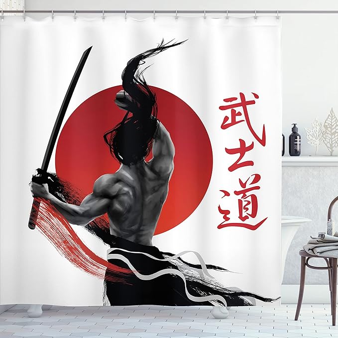 Ambesonne Japanese Shower Curtain, Samurai at Practice with Muscles Japanese Oriental Sun Discipline Image, Cloth Fabric Bathroom Decor Set with Hooks, 69" W x 70" L, Black and White