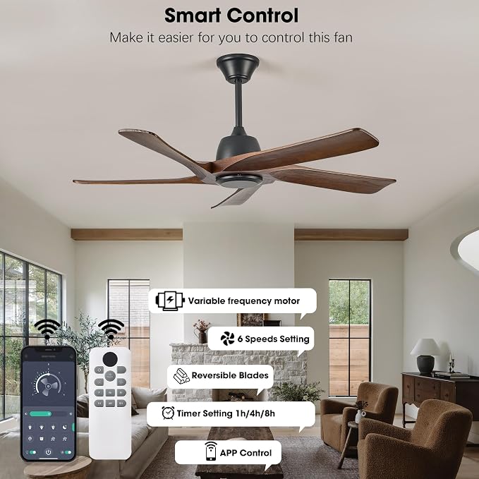 52 Inch Solid Wood Ceiling Fan No Lights, Remote and APP Control, DC Motor, 6-speed Reversible, for Bedroom, Living Room, Office, Dark Walnut
