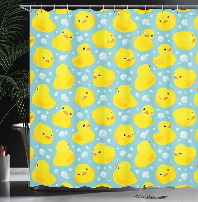 Ambesonne Cartoon Shower Curtain, Happy Rubber Duck and Bubbles Pattern Theme Art, Cloth Fabric Bathroom Decor Set with Hooks, 69" W x 84" L, Yellow Aqua