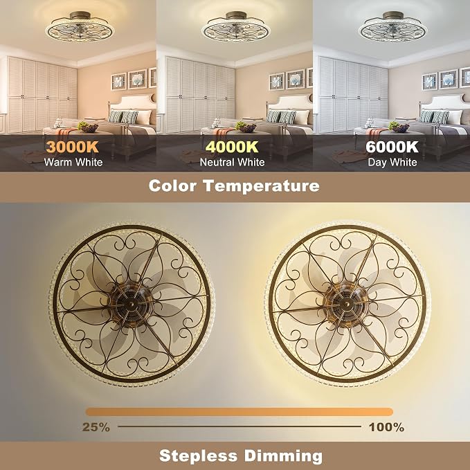 Low Profile Ceiling Fan with Lights 20" Ceiling Fan with Remote Bladeless Ceiling Fan Boho Vintage Flush Mount Ceiling Fan with Light 3 Color Smart LED Dimmable,Handmade Antique Vintage Silver