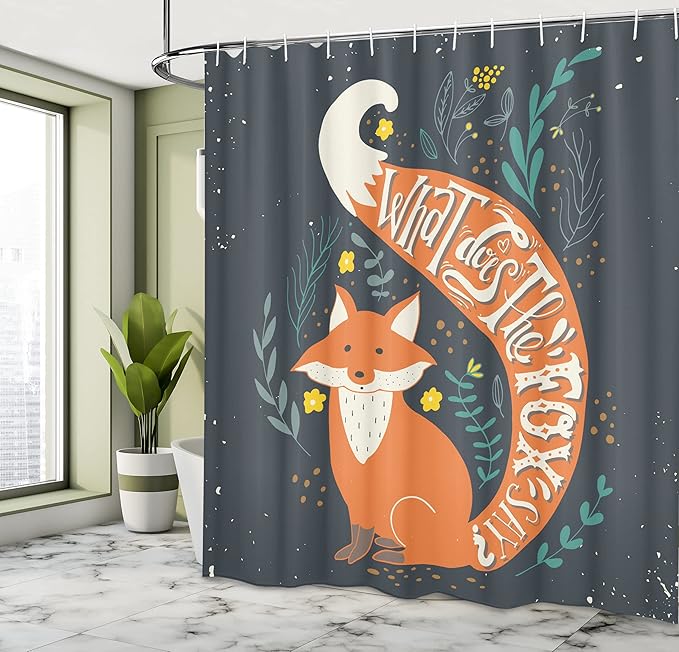 Ambesonne Vintage Shower Curtain, What Does The Fox Say? Hipster Animals Know Better Habitat Creature Illustration, Cloth Fabric Bathroom Decor Set with Hooks, 69" W x 70" L, Indigo Apricot Off White