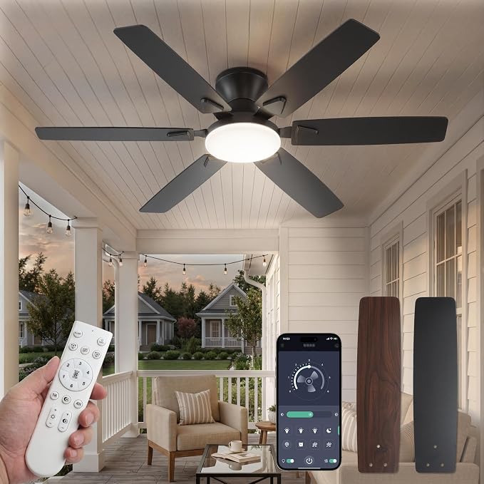 Fanbulous Ceiling Fans with Lights, 52 Inch 6-Blade, Smart APP & Remote Control, Dimmable 5CCT LED with Smart Memory, DC Motor Quiet for Bedroom Living Room, Damp Rated for Outdoor Covered Patio