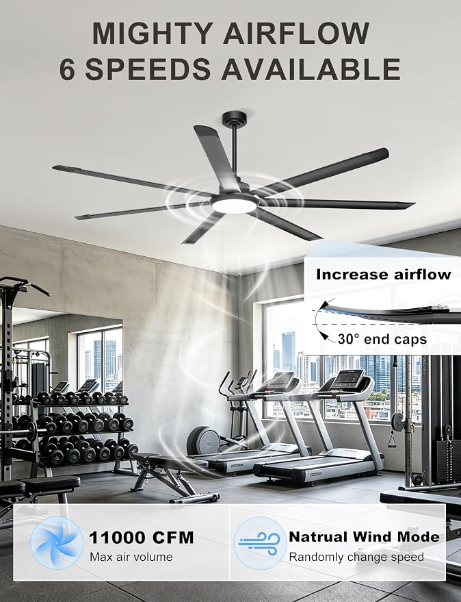 Ohniyou 84'' Large Ceiling Fan with Lights, High CFM Industrial Ceiling Fan Remote/APP Control, 7 Aluminum Blades, 3CCT, for Warehouse, Shop, Gym, Black