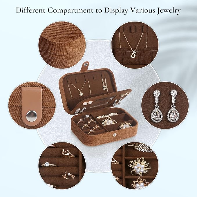 Hatori Travel Jewelry Box, PU Leather Small Jewelry Organizer for Women Girls, Double Layer Portable Mini Travel Case Display Storage Holder Boxes for Stud Earrings, Rings (Brown Mirror)