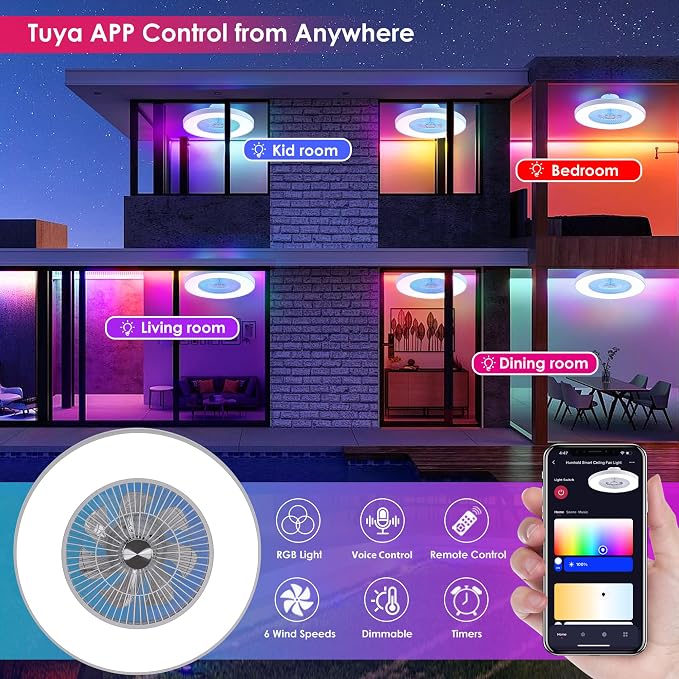 24" Bladeless Ceiling Fans with Lights and Remote/APP/Voice Control, Low Profile Ceiling Fan with RGB Lights, Enclosed Flush Mount Ceiling Fan for Kid's Bedroom/Living Room