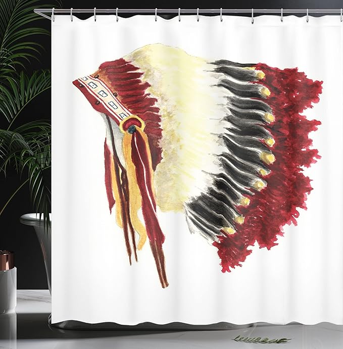 Ambesonne Tribal Shower Curtain, Original Symbolic Eagle Feather Headdress Native Life Style, Cloth Fabric Bathroom Decor Set with Hooks, 69" W x 75" L, Ivory Black