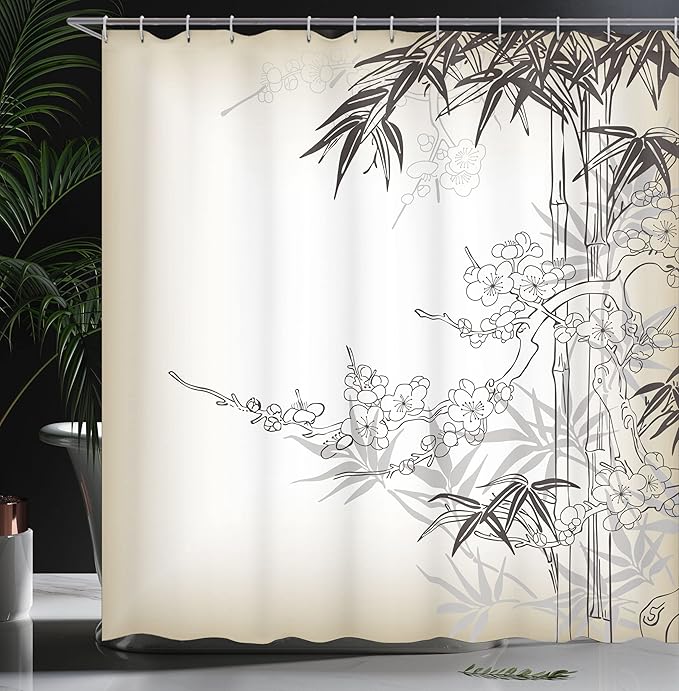 Ambesonne East Shower Curtain, Japanese Art in Traditional Style Blooming Design Sakura Tree Autumn Theme Pattern, Cloth Fabric Bathroom Decor Set with Hooks, 69" W x 70" L, White and Tan