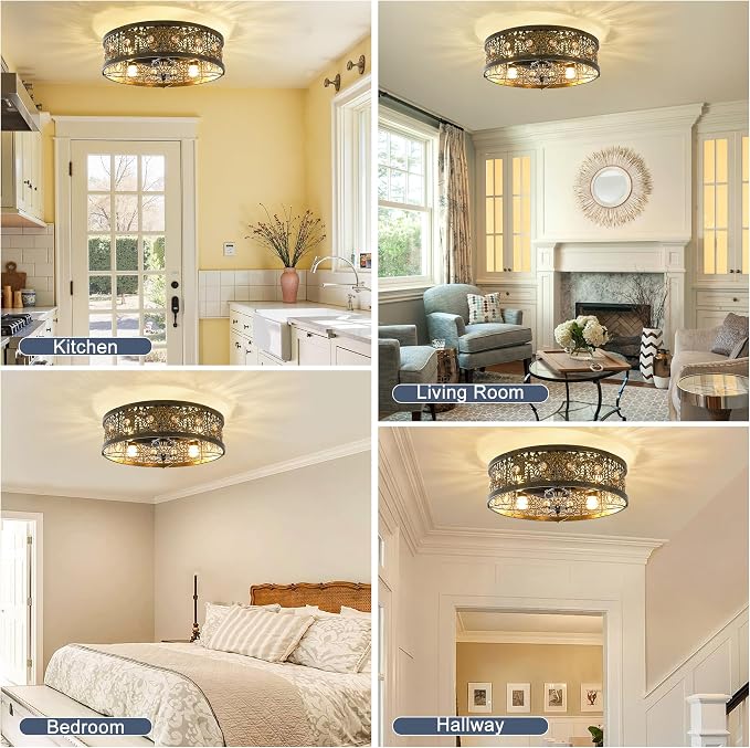 Garwarm 20" Caged Ceiling Fans with Lights,Vintage Victorian Rustic Crystal Fandelier,Low Profile Flush Mount Enclosed Bladeless Ceiling Fan with Light and Remote for Bedroom,Kitchen,Dining Room