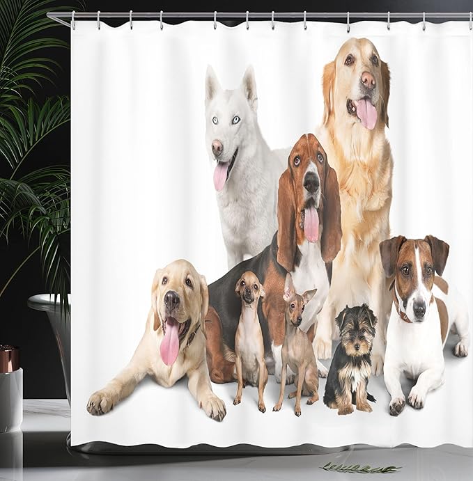 Ambesonne Dog Lover Shower Curtain, Group of Dogs Posing for Photo Shoot Portrait Togetherness Companionship Print, Cloth Fabric Bathroom Decor Set with Hooks, 69" W x 70" L, Brown Beige
