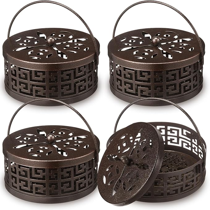 Lallisa 4 Pieces Mosquito Coil Holder Incense Coil Holder Round Retro Portable Metal Hanging Incense Burner with Handle for Home Camping Indoor Outdoor Patio (Bronze,Metal Sheet Included)