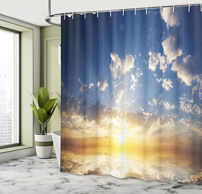 Ambesonne Mystic Shower Curtain, Sunset Reflection on The Sea View Sun Rays Vivid in Horizon Image, Cloth Fabric Bathroom Decor Set with Hooks, 69" W x 75" L, Yellow Brown Blue