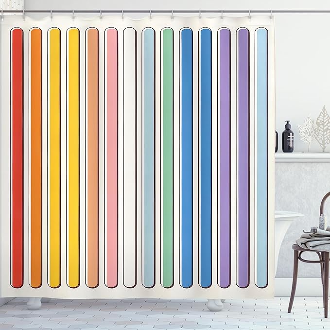 Ambesonne Colorful Shower Curtain, Modern Minimalist Design of Rainbow Stripes on Plain Backdrop Happy Aura, Cloth Fabric Bathroom Decor Set with Hooks, 69" W x 70" L, White and Multicolor