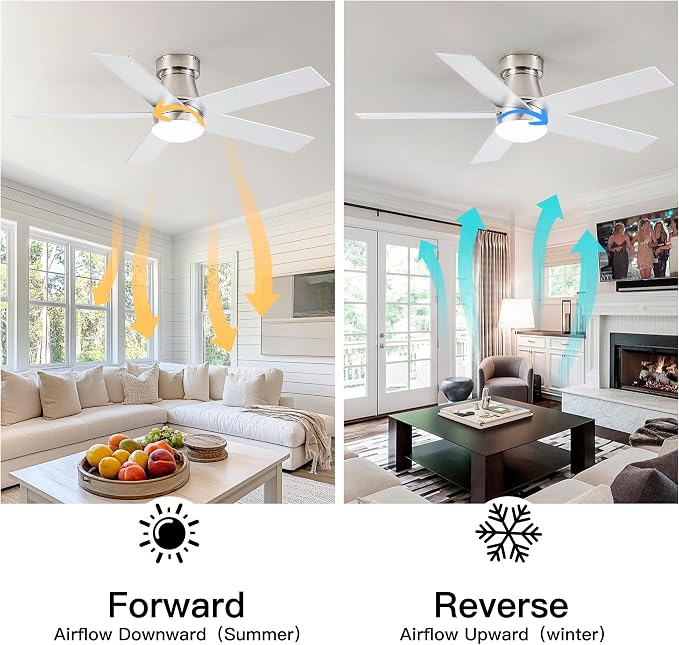 Ceiling Fans with Lights and Remote Control, Brushed Nickel Flush Mount Ceiling Fan with Light 3-Color Dimmable, Memory for Lighting and Fan Reversible, 6-Speed, Timer, Indoor/Outdoor Use, 47 Inch