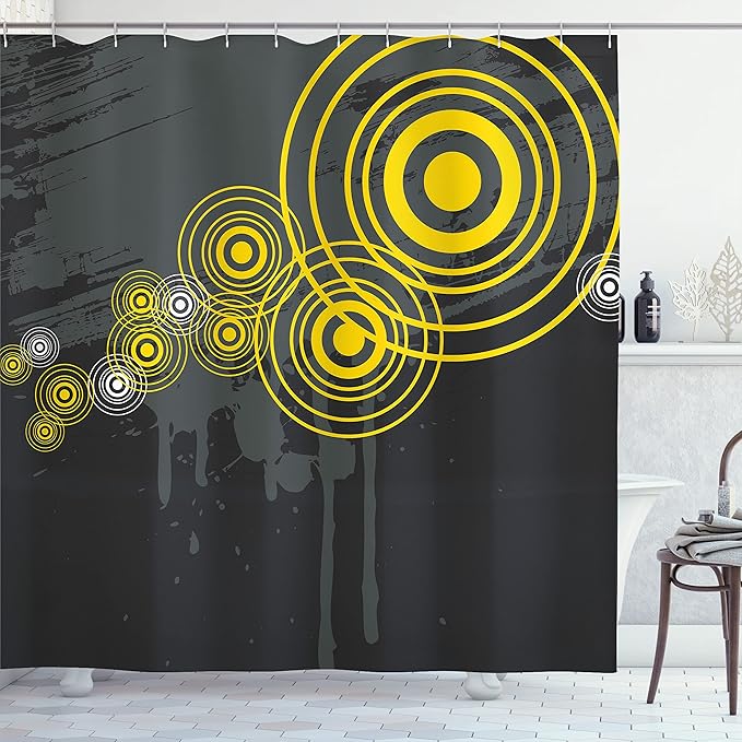 Ambesonne Grey and Yellow Shower Curtain, Music Street Design Inspired Geometrical Inner Circles Image, Cloth Fabric Bathroom Decor Set with Hooks, 69" W x 70" L, Charcoal Grey and Black