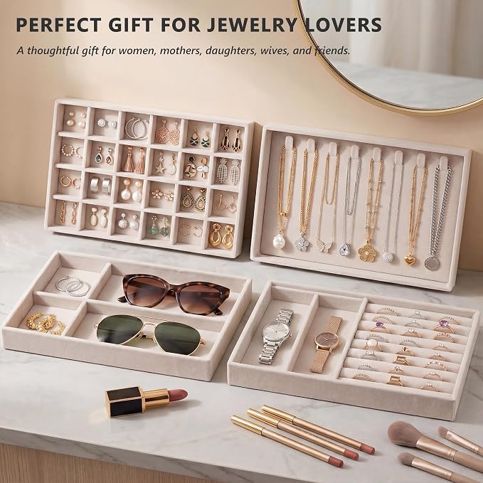 Jewelry Organizer for Drawer, Velvet Jewelry Drawer Organizer Inserts, 4-Layer Beige Stackable Jewelry Trays for Rings Earrings Necklaces Bracelets with Removable Dividers for Dresser Vanity