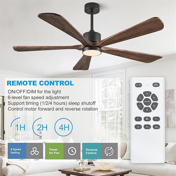 52 Inch Ceiling Fan with Lights, 5 Blade Ceiling Fan with Remote Control, 5 Reversible Solid Wood Blades, 6-Speed Outdoor Fan for Patios Porch Living Room,Dark Brown