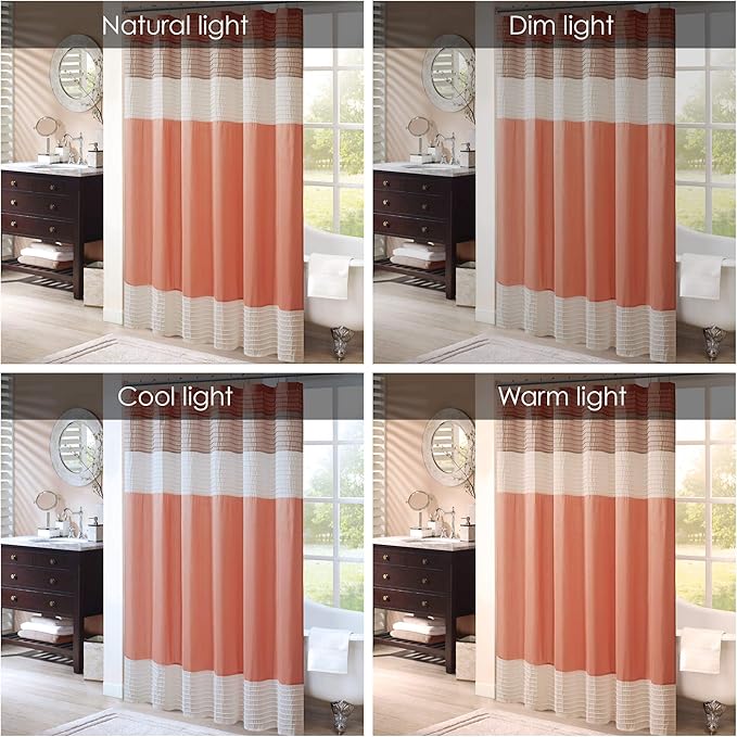 Madison Park Amherst Bathroom Shower Curtain Faux Silk Pieced Striped Modern Microfiber Bath Curtains, 72x72 Inches, Coral