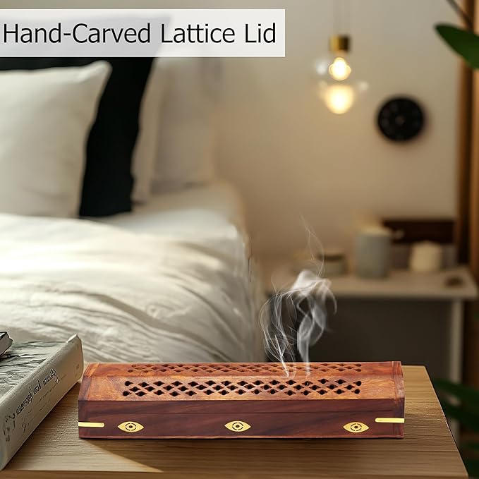 Sheesham Wood Incense Burner Holder – 2 Pack Handcarved Coffin Style Evil Eye Inlay Incense Box - Hidden Storage & Ash Catcher – Aromatherapy Incense Stick & Cone Burner - 12x2x2 – COTTON CRAFT