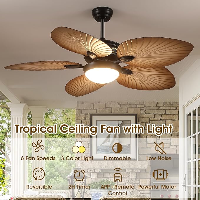 Wiviniya 52 Inch Tropical Ceiling Fans with Lights, Palm Leaf Outdoor Ceiling Fan with Light for Patios Porch Bedroom, Remote/APP Control, Reversible Quiet DC Motor, Dimmable LED, Wood Grain