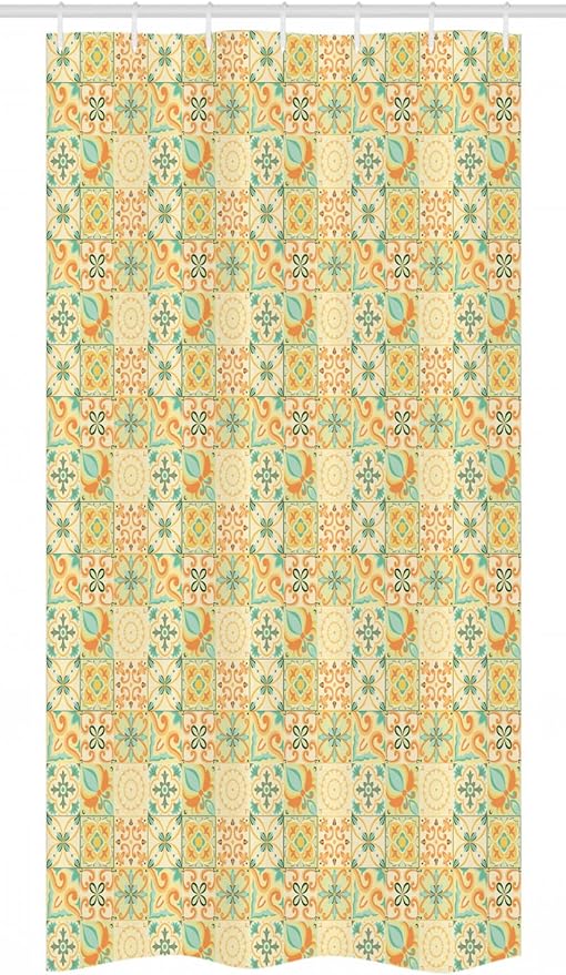 Ambesonne Vintage Stall Shower Curtain, Italian Style Checkered Pattern with Floral Motifs Traditional Antique Art Design, Fabric Bathroom Decor Set with Hooks, 36" W x 72" L, Seafoam Dark Peach