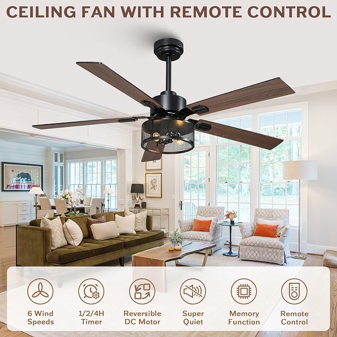 Ceiling Fans with Lights and Remote Control, 52 Inch Farmhouse Ceiling Fan for Living Room, 5 Dual Finish Blades, 6-Speed Adjustable and Reversible DC Motor with Timer & APP Control for Indoor/Outdoor