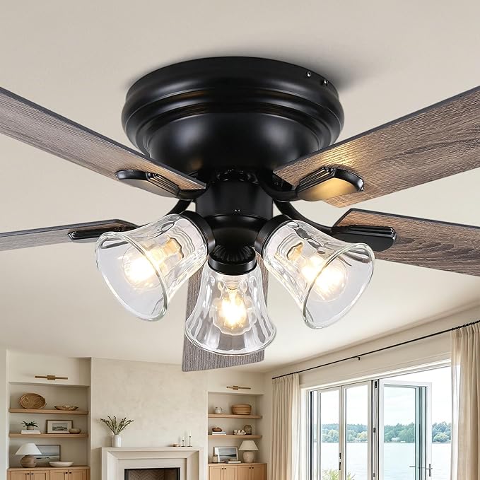 60 Inch Flush Mount Farmhouse Ceiling Fans with Lights and Remote | Reversible Blades Rustic Chandelier Fandelier with 6 Speeds, Vintage Low Profile Ceiling Fan for Living Room Bedroom Kitchen