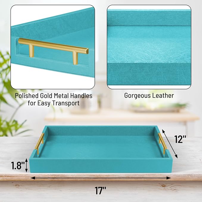 ATZYmolin 17"x12" Leather Serving Tray, Gold Handle Vanity Platter, Blue | Rectangle Ottoman Decor Tray, Polished Metal Handles, Coffee Table Bathroom Home Decorative Wood Tray