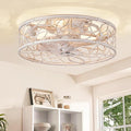 LEDIARY Caged Ceiling Fans with Lights, White Flush Mount Ceiling Fan with Remote&App, Small Low Profile Bladeless Ceiling Fan Light Fixture for Bedroom, Kitchen, Dining Room-White Gold Color