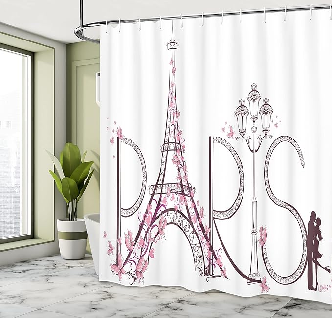 Ambesonne Paris Shower Curtain, Tower Eiffel with Paris Lettering Couple Trip Flowers Floral Design Print, Cloth Fabric Bathroom Decor Set with Hooks, 69" W x 70" L, Pink Plum