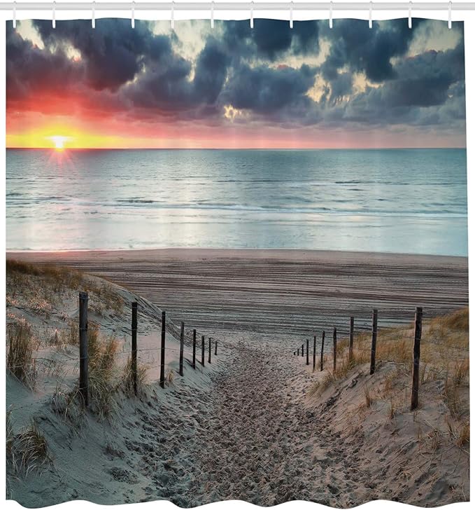 Ambesonne Beach Shower Curtain, Sun Setting View North Sea North Holland Netherlands Footsteps Outdoors Image, Cloth Fabric Bathroom Decor Set with Hooks, 69" W x 75" L, Bluegrey Brown
