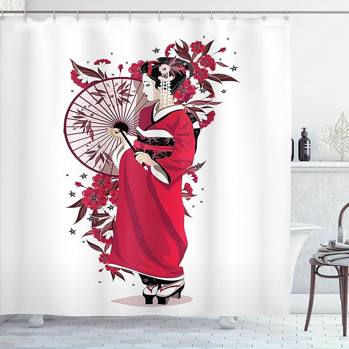Ambesonne Japanese Shower Curtain, Lady in Kimono with Flowers and Umbrella Traditional Clothes Art, Cloth Fabric Bathroom Decor Set with Hooks, 69" W x 70" L, Fuchsia White