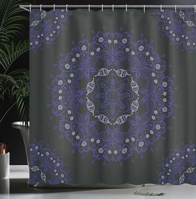 Ambesonne Dark Blue Shower Curtain, Oriental Round Ornate Mandala Lace Style Eastern, Cloth Fabric Bathroom Decor Set with Hooks, 69" W x 70" L, Blue Violet Coconut