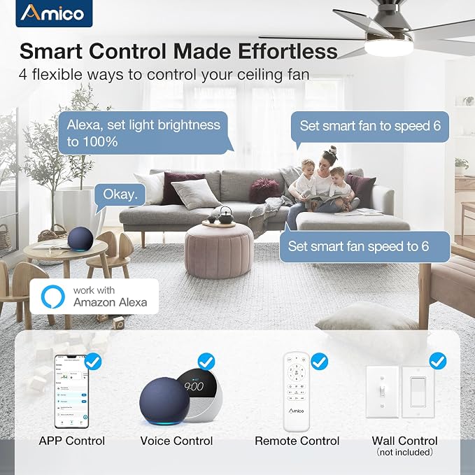 Amico 42 inch Smart Ceiling Fans with Lights, Low Profile Ceiling Fan, Remote/Alexa Voice Control, Flush Mount, Reversible DC Motor, 5 Blades, 6 Speeds, 3CCT, Dimmable, Noiseless, Bedroom, Nickel