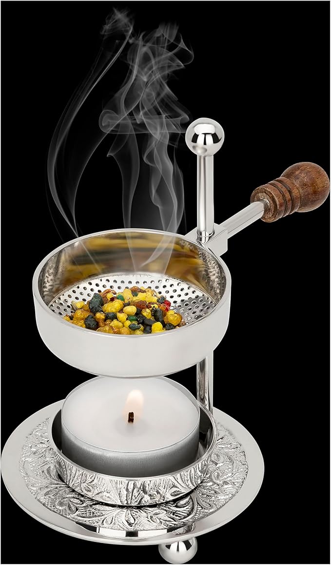 Adjustable Resin Incense Burner/Incense Censer with Tealight and Wooden Handle – HANDCRAFTET Nickel-Plated Brass, Height 4.33 inch, Durable Aromatherapy Holder for Safe Burning