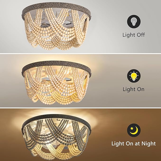 20" Boho Ceiling Fan with Light, Bohemian Caged Ceiling Fan with Lights and Remote Control, Wood Beaded Flush Mount with Reversible 6 Speeds for Bedroom, Nursery, Living Room, E26 Base, Indoor-Brown