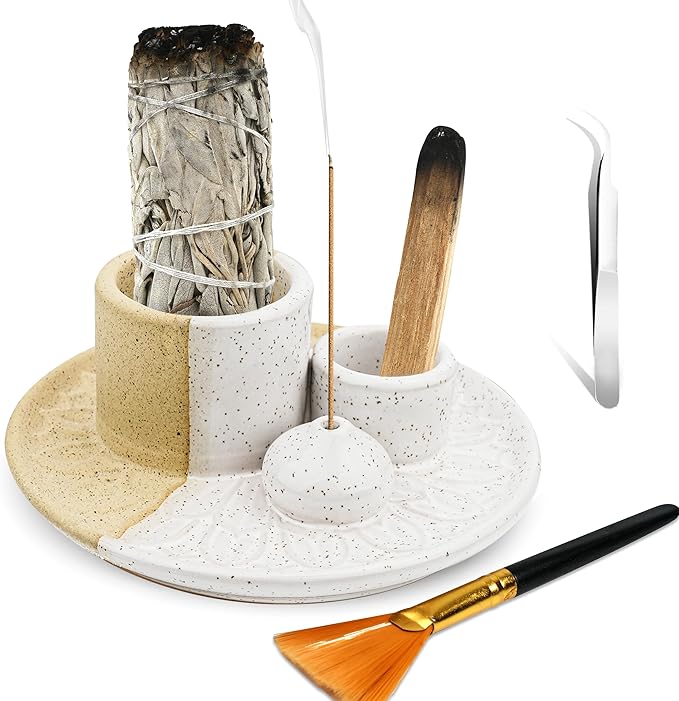 4 in 1 Incense Burner Holder,Sage Holder for Burning,Palo Santo Holder,Candle Holder,Ceramic Incense Burner Ash Catcher Tray for Meditation Yoga Room (Assorted Colors)