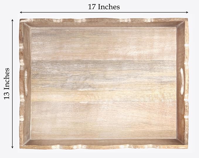 COTTON CRAFT Hand Carved Wooden Serving Tray - Breakfast Tray with Handles | White Wash Finish Decorative Dinner Tray - Rustic Intricately Detailed Unique Furnishing Accent - Food Tray - 17x13x2.75 Inch